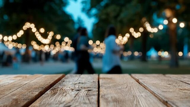 Empty wood table surface with blurred background of string lights and people at an outdoor evening festival event