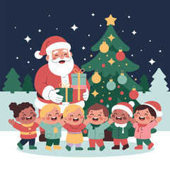 Cute Santa Claus with Happy Kids and Christmas Tree – Festive Holiday Family Illustration