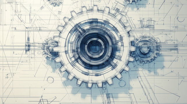 Machine components illustrated on engineering plan. Mechanical fabrication.