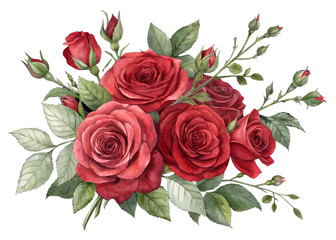 Obraz premium Crimson Rose Arrangement: A close-up view unveils a bouquet of vibrant crimson roses, their velvety petals and fresh green leaves showcase a natural beauty of love and romance.