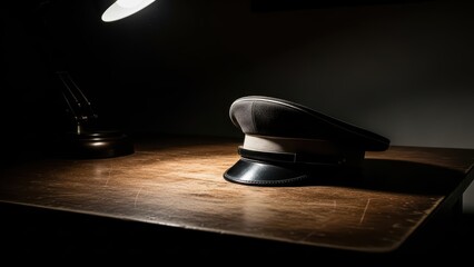 Officer cap on wooden desk under dramatic lighting