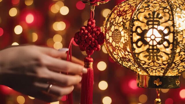 Preparing for Chinese New Year: Hands Carefully Hang a Red Knot on a Glowing Golden Lantern