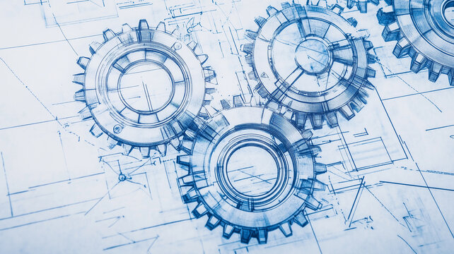 Mechanical diagram on blueprint surface. Precision engineering and system layout