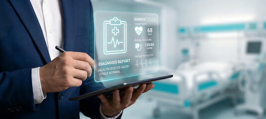 Healthcare professional using tablet for heart rate pulse monitoring