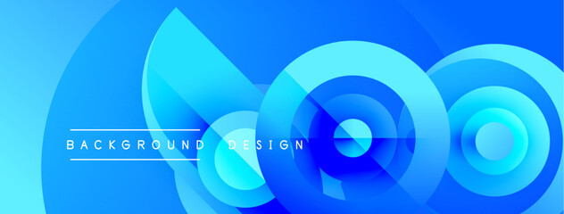 Abstract blue layers create dynamic background. Circular shapes overlap, forming modern design element. Gradient hues add depth.