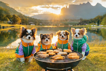 Group of Long Coat Chihuahua Puppy Barbequing on the Lakeshore Campsite