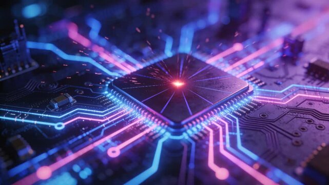 A highly detailed macro view of an abstract microchip structure that lights up with complex, glowing data pathways resembling a futuristic city at night.