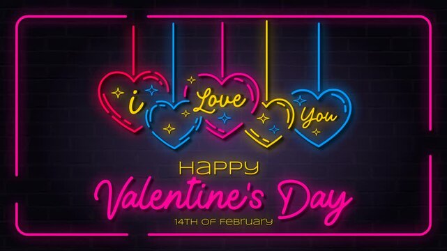 Neon Valentine Love Message &ndash; Looping 4K animation showing hanging neon hearts spelling &ldquo;I Love You,&rdquo; glowing frames, and sparkling accents on a dark brick wall, perfect for romantic greetings.