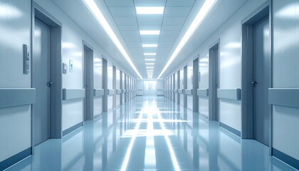 Obraz premium Modern Hospital Hallway with Bright Lighting, Doors, and Reflective Floor