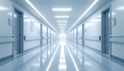 Illuminated hospital corridor with doors and reflective floor creating a sense of depth and perspective