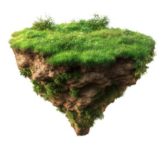 Floating island with green grass and plants suspended in the air above a white background during daytime