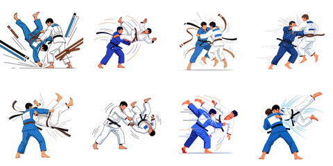 Dynamic Judo Combat Techniques Vector Set: Athletes practicing various throws and grappling moves in blue and white gis.