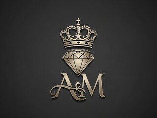 Luxury logo design featuring crown, diamond, and am letters in gold on black background, symbolizing elegance and sophistication