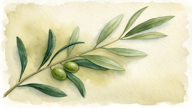Watercolor olive branch background in vibrant green and cream, symbol of harmony and simplicity for International Peace Day with copy space