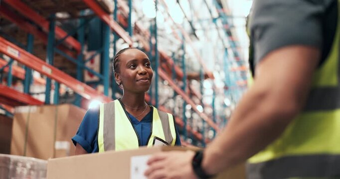 Woman, high five and team at logistics warehouse, boxes and happy with flare for celebration. People, engineer and low angle with goals, success and achievement for supply chain at distribution plant