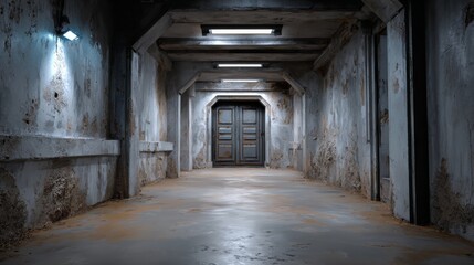 Obraz premium A long, dark hallway with a door in the middle. The door is open and there is a light on the wall. Scene is eerie and mysterious