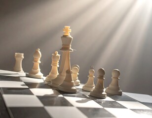 Chess pieces illuminated by sunlight on a checkered board