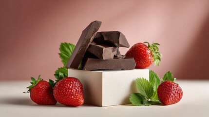 A chocolate bar sits on top of a strawberry and mint. The chocolate is cut into pieces and the strawberries are fresh and ripe. The combination of the sweet chocolate