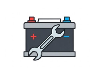 Fototapeta premium Car battery with wrench on top for repair and maintenance in automotive industry