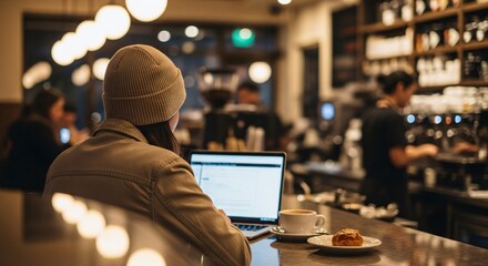 Person in a beanie working on a laptop at a bustling cafe bar, enjoying a coffee and pastry in a warm, inviting atmosphere