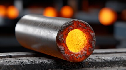 A metal pipe is glowing red hot. Concept of danger and heat, as the glowing pipe is surrounded by a dark background. The contrast between the bright red and the dark background creates a dramatic