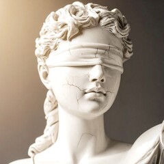 Close-up of a white marble sculpture of a blindfolded figure