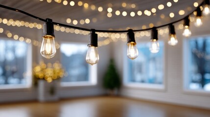 A room with a Christmas tree and lights hanging from the ceiling. The lights are on and the room is warm and inviting