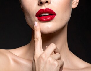 Close-up of a woman's lips, finger touching chin, against black backdrop