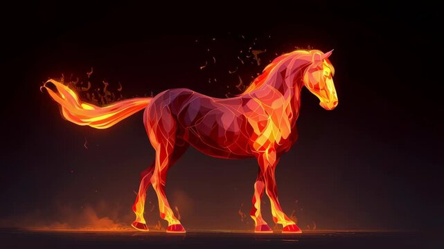 A horse is standing in front of a fire, with its legs spread wide. The image has a surreal. Fire horse rendered in smooth luminous flames, confident posture, modern zodiac illustration
