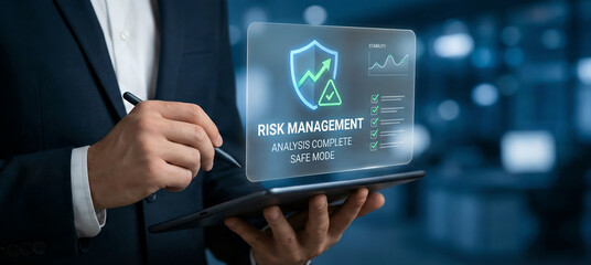 Risk management assessment interface with futuristic digital hologram