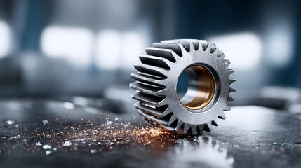 A metal gear is shown with a lot of sparks around it. The sparks are coming from a grinding wheel, which is used to shape the gear. Concept of industry and hard work