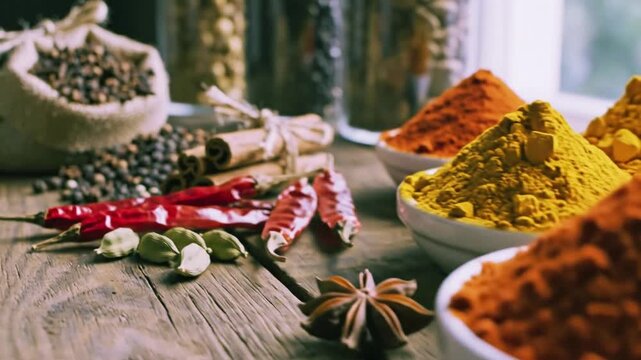 Exotic flavors and rich aromas are captured in this rustic display of essential culinary staples.