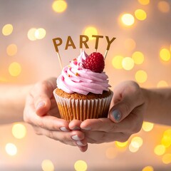 Close-up of hands holding decorated cupcake with "PARTY" topper