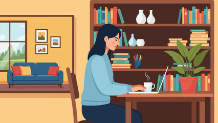 A woman working on her laptop at a desk in a cozy home office with bookshelves and a living room in the background. © Purnomo
