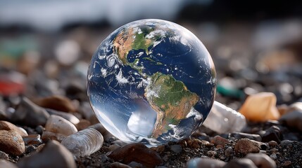 A clear globe is sitting on a rocky surface. The globe is surrounded by small rocks and pebbles, giving it a sense of isolation and seclusion. The image conveys a feeling of loneliness and detachment