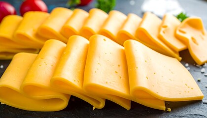 Close-up of sliced yellow cheese, artistic arrangement, and vibrant