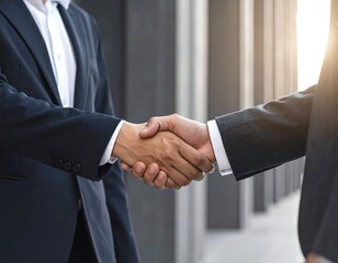 Close-up of two people in suits shaking hands in an outdoor setting