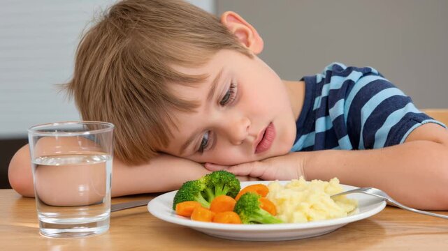Young boy rests his head on hands while looking at a plate with broccoli, carrots and mashed potatoes. Concept of poor appetite, picky eating and childhood nutrition problem.