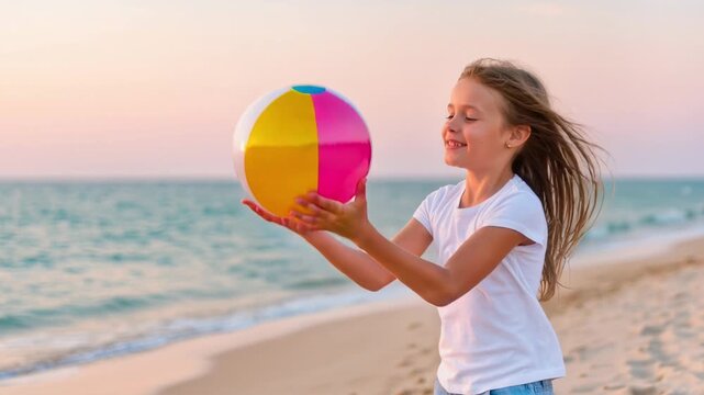 A happy young girl in white t-shirt catches a beach ball on the seashore during a warm evening. Fun and playful summer scene. Carefree holiday vibe.