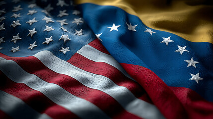 us flag and venezuelan flag waving together. relations between usa and venezuela. trade partner cooperation investments partnership agreements