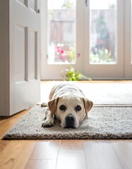 Dog lying on rug indoors, door and sunny window background