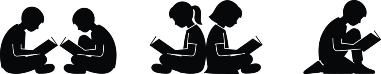 Children reading books, literacy concept, silhouette kids, education theme, back-to-back reading, cross-legged posture, concentration, learning, black background, study time