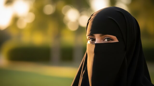 Young middle eastern woman in traditional black niqab with nature background