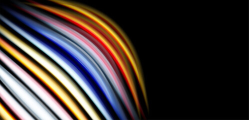 Abstract colorful lines curve, creating dynamic visual impact against black background. Bright hues blend, forming elegant shape.
