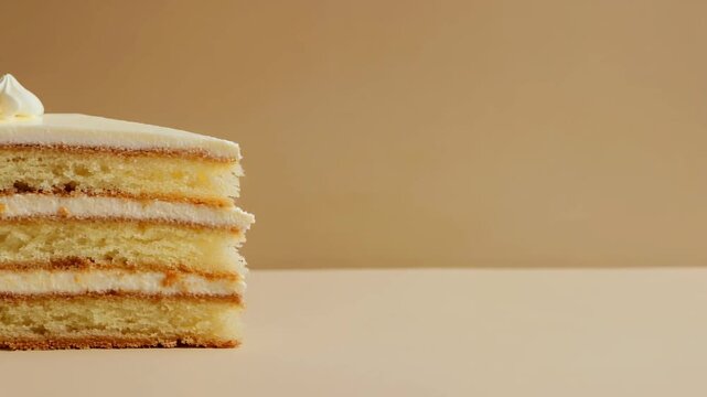 A layered cake with cream frosting on a beige background viewed from the side