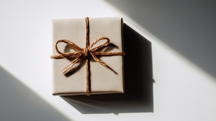 A single minimalist Christmas gift placed on clean white background with subtle shadows, modern commercial style.
