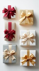 Beautifully wrapped Christmas presents with ribbons and bows placed on a clean white background for product-style shots.