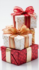 Beautifully wrapped Christmas presents with ribbons and bows placed on a clean white background for product-style shots.