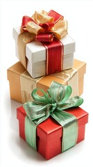 Beautifully wrapped Christmas presents with ribbons and bows placed on a clean white background for product-style shots.