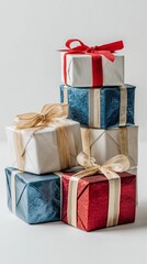Beautifully wrapped Christmas gifts, adorned with ribbons and bows, are placed against a clean white background.